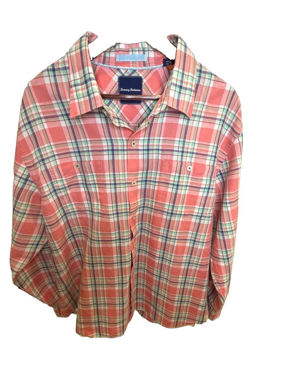 Tommy Bahama Men’s XL Linen Cotton Plaid Long Sleeve Shirt Coral Green